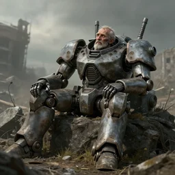 old decrepit man in a peaceful mech, ww 3, resting, gritty, apocalyptic - n 9