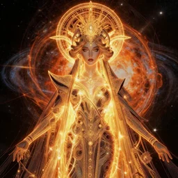 portrait of the powerful empress of the solar system in the style of anna dittmann and in the style of alex ross. glowing, ornate and intricate linework, stunning, dynamic lighting, ultrafine and hyperdetailed.