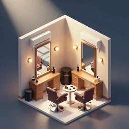 isometric cartoon axometric of hair salon in Taiwan with mirrors on walls and air conditioning