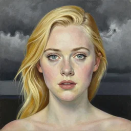 professional painting of Elle Fanning in the style of Will Barnet, head and shoulders portrait, symmetrical facial features, smooth, sharp focus, illustration, intricate, stormy weather, extremely detailed masterpiece,