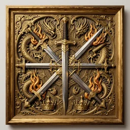 a illustration fantasy wood frame engraving with extreme intrincate details, golden border highly detail ornaments art by fantasy style, centered, facing shot, swords, crowns, dragons! and flames, symmetry