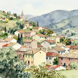 a watercolor painting of an italian village