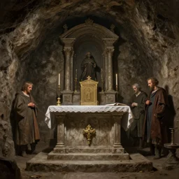 a beautiful hyper realistic detailled matte painting of a decrepit altar in an underground crypt, by john howe and moebius and bastien lecouffe deharme and andreas rocha, trending on artstation