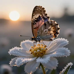 ( butterfly with wings made out of ( bird feathers ) ), drinking from a large beautiful ( frosty flower ), sunrise, macro shot, hyper realism,