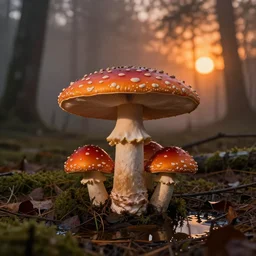 huge orange and red mushroom in the woods, puddles of water, sunset, orange glow, foggy, by finnian macmanus and greg rutkowski