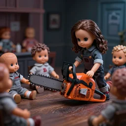 a dollhouse of horror - a chainsaw massacre of dolls, only one survives, macro photography, zoom, table