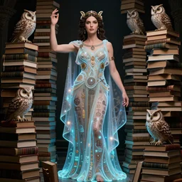 a picture of ornella muti as the goddess minerva surrounded by stacks of books, owls, bioluminescent gown with deep level of detail of esoteric symbols, urban motifs, intricate, elegant, highly detailed, 8 k resolution, hyperdetailed photo realistic extremely life like