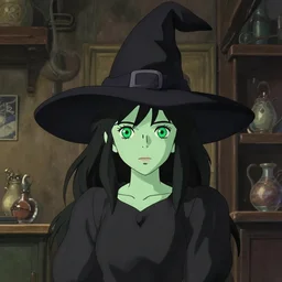 young female witch wearing a black witch hat, green tinted skin, black hair, bright green eyes, simple black dress, detailed perfect face, exquisite details, mid view, design on a cluttered interior background, by studio muti, greg rutkowski makoto shinkai takashi takeuchi studio ghibli