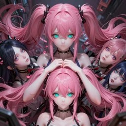 trapped beneath stunningly absurdly huge beautiful omnipotent asi goddess junko enoshima with multiple enigmatic complex twisted deceptive cunning mesmerizing megalomaniacal yandere personalities, symmetrical perfect face, porcelain skin, pink twintail hair and cyan eyes, ultra detailed, digital art, unreal engine 5, octane render, 2 d anime, 8 k