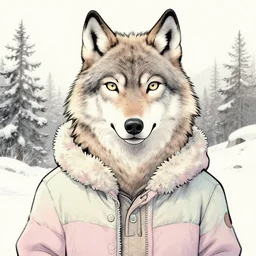 Beatiful portrait of an anthro wolf wearing a cute cozy soft pastel winter outfit winter Atmosphere. inked, western comic book art, award winning painting