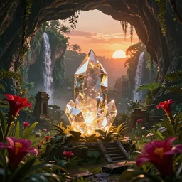 a glowing crystal tetrahedron!!! in the middle of ancient ruins in a lush prehistoric jungle, inside a humongous cave, red and magenta flowers, sunset, godrays, orange sky, haze, waterfall, volumetric lighting, a beautiful and stunning digital render, photorealistic, unreal engine 5, ultra detail, trending on artstation