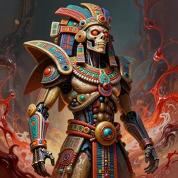 hyper detailed ultra sharp of a aztec biomechanical undead man, trending on artstation, warpaint aesthetic, bloodwave, colorful, psychedelic, ornate, intricate, digital painting, concept art, smooth, sharp focus, illustration, art by artgerm and greg rutkowski and h. r. giger, 8 k