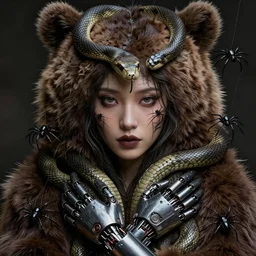 beauty woman wrapped in bear fur, snakes for hair, detailed face, surrounded by spiders, very detailed, dramatic lighting, detailed mechanical hands, electrical details, high details, 4k, 8k, trending on artstation, by Hajime Sorayama and Boris Vallejo