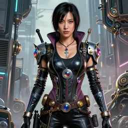 beautiful gemini fantasy character portrait, lucy liu kill bill, ultra realistic, wide angle, intricate details, cyberpunk artifacts, highly detailed by peter mohrbacher, hajime sorayama, wayne barlowe, boris vallejo, aaron horkey, gaston bussiere, craig mullins