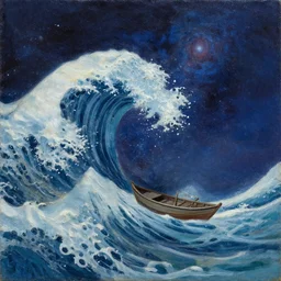 painting wave tsunami small boat background cosmic night sky in the style of Winslow Homer