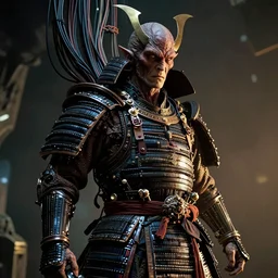 cthulhu samurai, lots of cables and wiring. Photograph from blockbuster sci-fi film