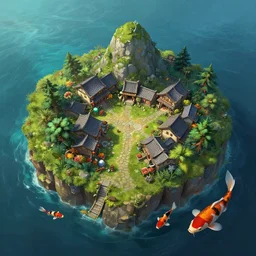 ultra realistic illustration, village on lone island in the ocean, rich contrast of colors, koi, league of legends artwork