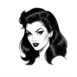 of a witch girl burlesque psychobilly punk, rockabilly black hair, white background, drawing, illustration by frank frazetta