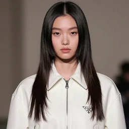 ektachrome, youthful asian demure, exquisite features, feminine cut, frontiers in flight leather covered in prada pearl silk, zhang jingna
