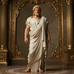 full - body portrait of zeus in a toga, by greg rutkowski, by zdzislaw beksinski, very detailed, ornate, intricate, octane render, warm color lighting, volumetric lighting, 8 5 mm