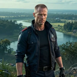 ultra realistic, cinematic, james woods as cyberpunk junk cop, background of a vast serene landscape, with trees and rivers, detailed, deep focus, movie still, dramatic lighting, ray tracing, by michal karcz and yoshitaka amano