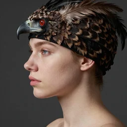 photorealistic profile of a prada - type east european model wearing a feather hat in the shape of a hawk, hyperrealistic, pale, perfect skin, slight body, pout, 8 k, deep focus, perfect eyes, symmetrical features, wlop, face by young tara reid and young michelle trachtenberg, artstation trending, octane render, unreal 5, professional photo, studio lighting, precision facial feature construction w 1 0 2 4