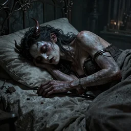 sleep paralysis demon,  8K, concept art, DSLR, filmic, HDR, hyperrealism, Unreal Engine, volumetric lighting, Darkart