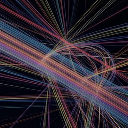 millions of thin threads of colorful fabric unravel, twist, and whirl confusingly sideways across a dark night sky, unreal engine