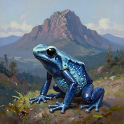 poison dart frog, a single huge mountain in the background, extremely detailed oil painting, unreal 5 render, digital art, landscape painting, octane render, beautiful composition, trending on artstation, award winning photograph, masterpiece