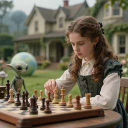 70mm still from a sci fi blockbuster movie made in 2022, set in 1860,  a girl playing chess with her small pet humanoid alien creature, wearing 1850s era clothes, in a garden of a house, on an alien planet, good lighting, 8k, in focus faces, good quality photography