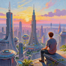 a pastel painting of a sprawling science fiction cityscape, a man sits on a ledge and overlooks the vast expanse, 8k render, highly detailed, vibrant, uplifting, pastel colours, sunset