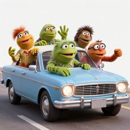 A car full of Muppets doing a drive-by shooting. Hyperrealist, surrealistic.