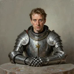 Beautiful stunning Portrait face of Alec Guinness Knight seated at a round table by Greg Rutkowski. He is Alec Guinness themed like an Arthurian Knight by Mark Arian. He is wearing medieval armor by H.R. Giger. soft render, octane, highly detailed painting by Moebius. artstation Blank Canvas Scene by Tetsuya Nomura.