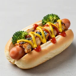 photo shoot portrait of a delicious hot dog with mackerel, broccoli, ketchup and mustard, uhd, 8k, detailed,