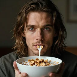 a bowl of bran flakes and milk in the shape of the face of russell brand