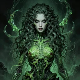 beautiful woman fused with a green soulless husk, lovecraft, exorcist, deadite, android, cosmic entity, the thing, the blob, long curly hair, ghostly, portrait, intricate details, by vincent di fate, artgerm, julie bell, beeple and Greg Rutkowski, 80s, concept, Smooth gradients, octane render, 8k, High contrast, duo tone, depth of field, very coherent symmetrical artwork