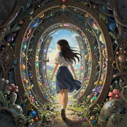 a beautiful girl with long dark hair, going through a portal between worlds, intricate, highly detailed, digital painting, artstation, official media, anime key visual, concept art, rich vivid colors, ambient lighting, sharp focus, illustration, art by Artgerm, Makoto Shinkai, Ilya Kuvshinov, Lois Van Baarle, and Rossdraws