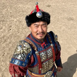 Stewart Lee wearing Mongolian armor, high angle, iPhone selfie
