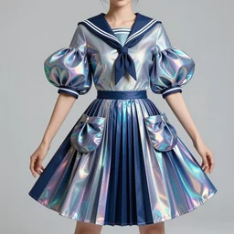 designer figure collection ball shaped accordion sleevehaute couture, sailor uniform, midi skirt, coated pleats, synthetic curves striking pose, stylized dynamic folds, cute huge pockets, volume flutter, youthful, modeled by modern designer bust, smart textiles, body fitted dart manipulation, holographic scheme, expert composition, professional retouch, editorial photography