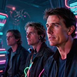 cinematic still of tom cruise, timemachine!!, neon, they are watching, RGB, glowing wires everywhere, pristine, by Edgar Maxence and Ross Tran, Zdzisław Beksiński, and Michael Whelan, distant, gustav dore, H.R. Giger, 8k, octane render, closeup