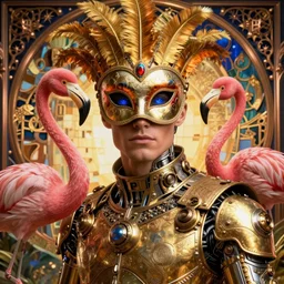 awardwinning photo of a beautiful male steampunk half cyborg with a flamingo venician carneval mask, artwork by james jean, hyperdetailed realistic gold and orange metallic, glowing blue eyes, jean delville, art nouveau, gustav klimt, ornate copper patina gothic icon, james jean, ultrasharp hyperdetailed photorealistic octane render