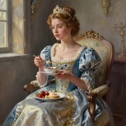 a princess in her own castle, sitting in her chair having some food, detailed digital painting by greg rutkowski