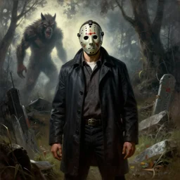 jason voorhees in the graveyard, with werewolf monster in far background, backlight, landscape painting by frazetta