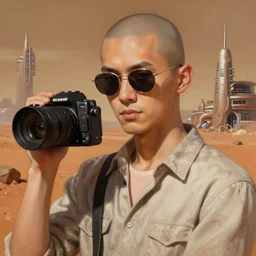 a bald cool anime boy with small sunglasses in a martian city, on mars, holding an arri alexa mini camera, detailed realistic shirt, detailed realistic face, photorealistic oil painting, digital art, by charlie bowater, by jeremy lipking, by makoto shinkai, octane render