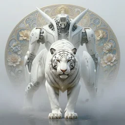symmetry!! portrait of a hybrid white cyberpunk style robot tiger in the mist, floral! horizon zero dawn machine, intricate, elegant, highly detailed, ray tracing, digital painting, artstation, concept art, smooth, sharp focus, illustration, art by artgerm, beeple, greg rutkowski, alphonse mucha, 8 k