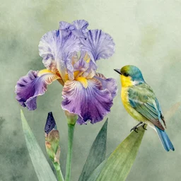 an hybrid between an iris flower and a bird, colorful watercolor painting, soft tones