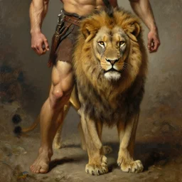 muscular lion as barbarian hunter, full body with human legs ,very textured detailed oil painting by rembrandt