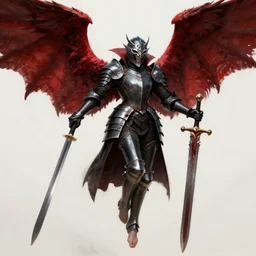 female vampire knight, flying, barefoot, black plate armor, historical armor, good protection, monstrous mask, giant two - handed sword dripping blood, red wings, grinning, barefeet, detailed, realistic, dnd.
