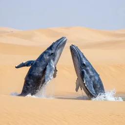 blue whales jumping in sand dunes, photography