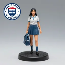 Company logo in upper left corner, 80mm resin detailed miniature of a female, olive skin, school uniform, long black hair, school bag, on textured disc base,; Miniature product Photo, 4K, Full body